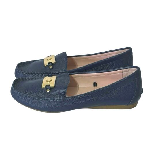 Kate Spade Women’s Carmen Navy Blue Leather Slip On Drive Loafer Gold Logo 7.5 M - Picture 3 of 10